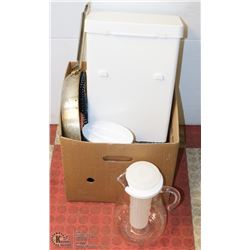 BOX OF ASSORTED KITCHENWARES INCL NEW CHEESE BOARD