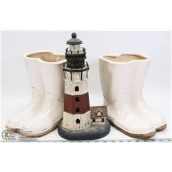 PAIR OF BOOT PLANTERS & VINTAGE LIGHTHOUSE
