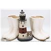 Image 1 : PAIR OF BOOT PLANTERS & VINTAGE LIGHTHOUSE