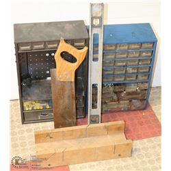 BOX OF ORGANIZERS, LEVEL, AND MORE