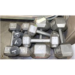 SET OF WEIGHTS INCL 40LB, 15LBS, 10LBS, 3LB, 1LB