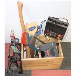 ESTATE WOOD BOX FULL OF AXLE STANDS, SAW, AXE, AND