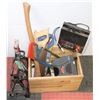 Image 1 : ESTATE WOOD BOX FULL OF AXLE STANDS, SAW, AXE, AND