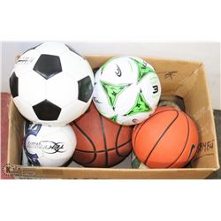 BOX OF SOCCER, RUGBY AND BASKETBALLS