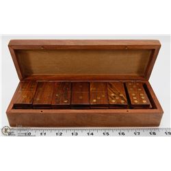 WOODEN DOMINO SET WITH CASE AND BRASS INLAY.