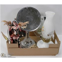 FLAT WITH 3 MAKEUP MIRRORS, MILK GLASS OIL LAMP