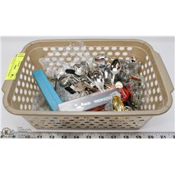 BASKET OF COLLECTOR SPOONS AND BELLS