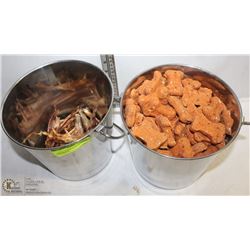 2 METAL BUCKETS OF ASSORTED DOG TREATS