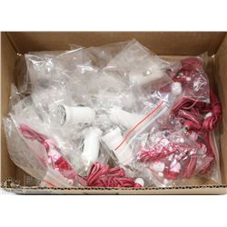 BOX OF ASSORTED CHARGERS AND NEW EAR-PHONES