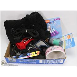 BOX OF DOG ITEMS, INCLUDES COATS, LEASHES, FLASH