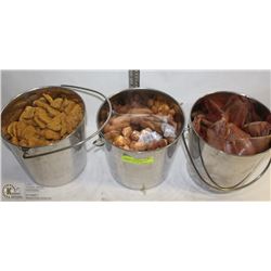 3 BUCKETS OF ASSORTED DOG TREATS