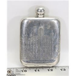 SILVER SHEFFIELD FLASK WITH TOWER OF LONDON DESIGN