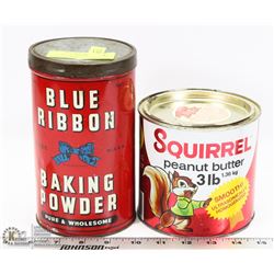 2 OLD TINS BAKING POWDER AND PEANUT BUTTER