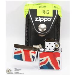 BRITISH FLAG ZIPPO STYLE LIGHTER IN A LEATHER