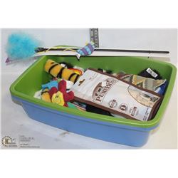 2 CAT LITTER PANS WITH ASSORTED TOYS