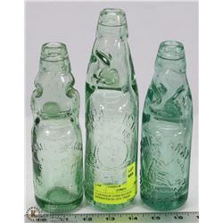 3 ANTIQUE CODD BOTTLES INVENTED IN 1872. THESE