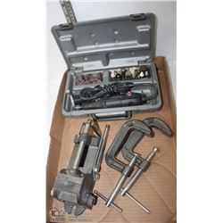 LOT WITH DREMEL DRILL SET IN HARDCASE WITH VICE