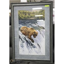 LARGE BEAR CATCHING FISH FRAMED AND MATTED