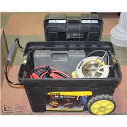 TOOLBOX WITH DEWALT SAW, BOOSTER CABLES, SOCKETS,