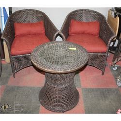 WICKER PATIO TABLE (GLASS TOP ) AND 2 CHAIRS