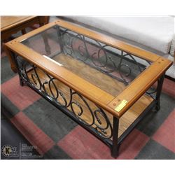 WOOD & IRON WITH GLASS TOP COFFEE TABLE