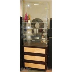 4 TIER GLASS DISPLAY WITH 3 DRAWER WOOD STAND