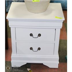 WHITE WOOD BEDSIDE TABLE WITH METAL HARDWARE