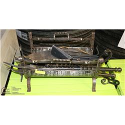 HEAVY METAL FIREPLACE SET WITH LOG HOLDER.