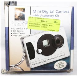 MINI DIGITAL CAMERA WITH ACCESSORIES IN BOX.