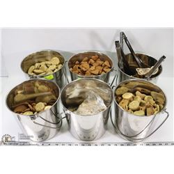 6 PAILS OF ASSORTED DOG TREATS