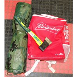 BOX W/CAMPING HATCHET, CAMO TARP,