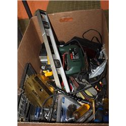 ESTATE BOX OF TOOLS - BOSCH JIG SAW, LEVEL,SOCKETS