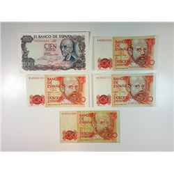 Banco De Espana, Assortment of 5 Replacement Notes, ca.1970 to 1980.