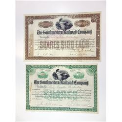 Southwestern Railroad Co., 1897-1903 Pair of Cancelled Stock Certificates