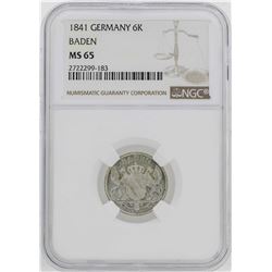 1841 Germany Baden 6 Kreuzer Coin NGC MS65
