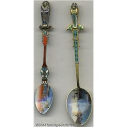 TWO SILVER AND ENAMEL MUMMY SOUVENIR SPOONS