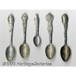 A GROUP OF FIVE SILVER MILITARY SOUVENIR SPOONS