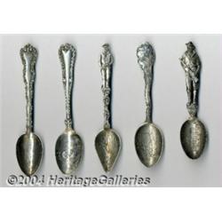 A GROUP OF FIVE SILVER MILITARY SOUVENIR SPOONS