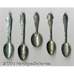 A GROUP OF FIVE SILVER MILITARY SOUVENIR SPOONS