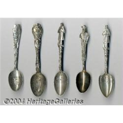 A GROUP OF FIVE SILVER MILITARY SOUVENIR SPOONS