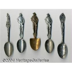 A GROUP OF FIVE SILVER MILITARY SOUVENIR SPOONS