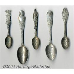 A GROUP OF FIVE SILVER MILITARY SOUVENIR SPOONS