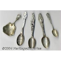 A GROUP OF FIVE SILVER SOUVENIR SPOONS