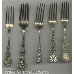A GROUP OF FIVE SILVER SOUVENIR FORKS