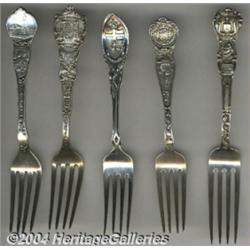 A GROUP OF FIVE SILVER SOUVENIR FORKS