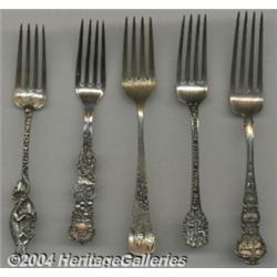 A GROUP OF FIVE SILVER SOUVENIR FORKS
