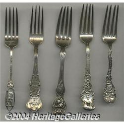 A GROUP OF FIVE SILVER SOUVENIR FORKS