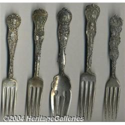 A GROUP OF FIVE SILVER SOUVENIR FORKS