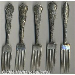 A GROUP OF FIVE SILVER SOUVENIR FORKS