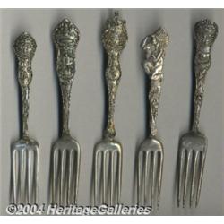 A GROUP OF FIVE SILVER SOUVENIR FORKS